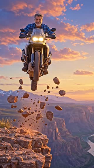 Anime esta ilustração em estilo desenho animado 3D cinematográfico, com duração de 8 segundos, formato vertical 9:16. O personagem sorri enquanto pilota sua motocicleta por uma bela paisagem montanhosa ao pôr do sol. A câmera acompanha suavemente o movimento. No final, ele acena com a mão em comemoração. Preserve o estilo original da ilustração, com cores vibrantes, movimento natural e música instrumental alegre.