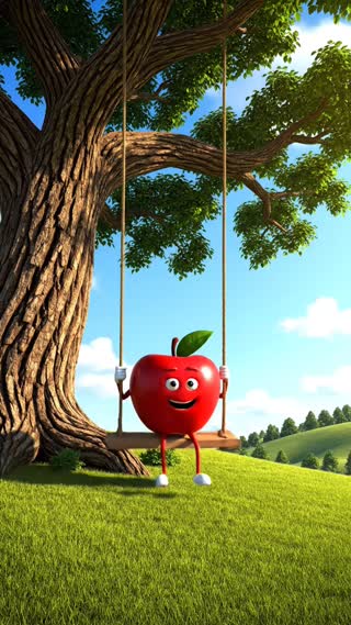 Hazme a una manzana tipo huamana columpiandose en un columpio que esta en un árbol en una colina 