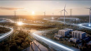 SCENE 6 — No-Touch Contract 
GLOBAL LOCK 
•	Continue scene
Maintain camera direction, lighting, color palette, and composition
•	No establishing shot, no reframing, no cuts
•	No text, numbers, charts, clocks, labels, or UI element

SCENE
Immediately SHOW 2 Counterparties in front above grid network (equal size)
Counterparty 1 on Left: Energy Power Plants 
Counterparty 2 on Right Big Building 


MOTION 
Energy flows continuously from supplier → consumer (bright white line – pulsing)

Show 2 settlement cycles 
Settlement 1 (10-30% on video length)
•	A Power Meter appears and Displays Use.
A verification plane (two hands shaking) emerges 
•	A single large money symbol flows smoothly in a line from Counterpart 2 to 1 at 20%). 
Settlement 2 (60-80% on video length)
•	Power Meter redisplays and a verification plane (two hands shaking) emerges 
•	A single large money symbol flows smoothly in a line from Counterpart 2 to 1 at 70%).  
•	Power Meter disappears
CAMERA 
•	Slow, steady forward drift the entire time
•	Camera does not pan left/right
•	Both parties remain in frame throughout
ENDING STATE 
•	Energy still flowing supplier → consumer
•	Motion continues (no visual resolution) 
