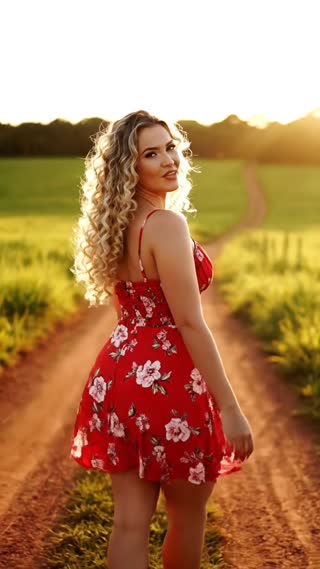 A beautiful young woman with fair skin standing outdoors in a rural countryside setting during daylight. She has a naturally curvy, feminine, and well-sculpted body with an attractive and healthy appearance. She is wearing a short red floral dress with thin straps, fitted at the waist and gently flowing, highlighting her curves in an elegant and natural way. The neckline subtly emphasizes her figure while remaining tasteful.

Her long, blonde, voluminous curly hair falls naturally down her back, framing her face and enhancing her feminine presence. She stands slightly turned to the side, accentuating her curves, while looking over her shoulder toward the camera with a warm, confident smile.

The environment features open countryside with green fields, dirt paths, and a peaceful rural atmosphere. Natural daylight illuminates the scene, creating a warm, cinematic, and inviting look.

She begins the video speaking in Portuguese, saying:
"Se você não conversar comigo, eu vou ficar chateada, viu? Clica no coração pra eu saber que tá me ouvindo, meu coroa."

Her posture is relaxed and natural, with gentle movements as she walks, allowing the dress to sway softly. The overall mood is charming, feminine, and engaging, with a romantic rural aesthetic.