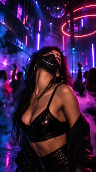 Use the provided image as the exact first frame and visual reference. Create a cinematic, photorealistic 8-second seamless Spotify Canvas loop for a deep house track.

A mysterious woman dances slowly with her eyes closed, immersed in the music. Her movements are subtle and hypnotic: gentle shoulder sways, slight head tilts, minimal upper-body movement, and natural hair motion. No fast or exaggerated dancing.

Keep the camera completely stationary with no zooming, panning, or shaking. Preserve her facial features, black smiling mask, hairstyle, outfit, and nightclub environment.

Lighting is the main visual effect. Pink, purple, and electric blue club lights slowly pulse, dim, and brighten. Occasionally, the lights almost switch off, leaving a dark silhouette before gradually illuminating her again. Create realistic nightclub lighting transitions, with brief moments of near-darkness and soft neon reflections. Avoid aggressive strobing.

Atmospheric smoke drifts through the background while blurred clubgoers move gently.

Add a professional, sensual music-video editing style using soft fades, low-light transitions, and subtle crossfades between moments in the same scene. Everything should feel smooth, elegant, and hypnotic.

8-second sequence:
0–2s: Original shot, gentle dancing under neon lights.
2–4s: Lights slowly dim into near-darkness.
4–6s: Soft cinematic transition as pink and blue lights return.
6–8s: Lighting and movement gradually return to the exact original frame.

The final frame must match the first frame for a seamless continuous loop.

Style: Dark, intimate, atmospheric, cinematic deep house aesthetic.

No fast dancing, camera movement, harsh flashes, abrupt cuts, distorted features, text, or visual artifacts.
