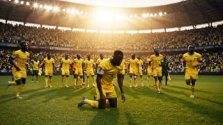 Cinematic wide shot of an African football team
in yellow and green jerseys celebrating a victory,
Black players,
but body language cautious and relieved rather than dominant,
dramatic stadium lighting in Cameroon,
crowd in background cheering,
sense of survival rather than triumph,
slow motion documentary football style,
golden hour lighting, emotional atmosphere,
15 seconds, photorealistic 4K cinematic
