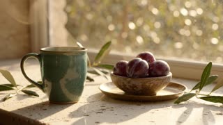 Locked camera, eye-level close shot of a pale travertine table by a window. A teal ceramic mug, a small bowl of ripe plums and a brass dish sit in warm morning light. Dappled olive-leaf shadows drift slowly across the table as a gentle breeze moves outside, and a thin ribbon of steam rises from the mug. Soft natural light, cream and beige palette, calm and unhurried, shallow depth of field, cinematic.
