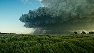 Wide sweeping shot of a vast open grassy landscape, a towering thunderstorm building on the distant horizon, dark heavy clouds stacking upward with a visibly churning anvil-shaped top, faint flashes of lightning illuminating the cloud mass from within, the sky transitioning from bright open blue overhead to deep grey and green-black near the storm, strong wind visibly bending grass and distant trees as the storm approaches, a faint curtain of rain visible falling beneath the distant clouds, the light dimming and shifting color as the storm looms closer, cinematic realism, photorealistic, slow static hold or almost imperceptible push-in toward the storm, natural earthy color grade with dramatic contrast between the light foreground and darkening horizon, awe-inspiring and tense atmosphere emphasizing the raw power of nature building in the distance