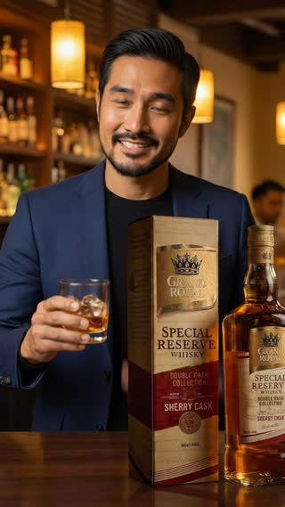 
“Whisky ဆိုတာ…
သောက်ချင်လို့ သောက်တာမဟုတ်ဘူး။
ဘဝထဲက မမေ့နိုင်တဲ့ moment ကို
သိမ်းထားချင်လို့ သောက်တာပါ”
ကျွန်တော်ကတော့
အောင်မြင်မှုတွေအတွက်
Grand Royal Special Reserve Whisky တစ်ခွက်နဲ့
အတူ အဖော်ပြုလေ့ရှိပါတယ်..” as a close-up portrait shot focusing on expressive details, with shallow depth of field blurring the background