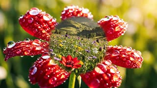 A cinematic one-shot sequence starting with an ultra-detailed macro shot of a vibrant red flower, showing realistic textures and dewdrops on the petals, set in a meadow bathed in soft sunrise light. The camera performs a smooth progressive zoom out: first revealing the full field with other flowers, then ascending to show Earth's landscapes from above, continuing out of the atmosphere to reveal the entire planet Earth, and ultimately the full solar system with its planets and distant stars. Background features a decreasing depth of field and a natural color transition from vivid tones to dark space hues. Hyper-realistic style, warm natural lighting, 8K resolution, smooth continuous camera movement, no cuts.