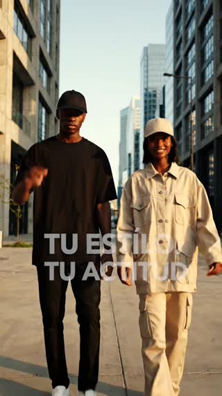 Video publicitario urbano, texto a video, duración máxima 8 segundos, estilo cinematográfico realista. Escena en una calle moderna de ciudad con edificios altos, concreto y cristal, ambiente streetwear premium.

Aparecen dos modelos jóvenes caminando hacia la cámara. El hombre viste outfit negro completo, tenis blancos y gorra negra lisa de 6 paneles con visera curva. La mujer viste outfit beige tipo cargo, tenis blancos y gorra beige lisa de 6 paneles con visera curva.

Ambos modelan principalmente las gorras mientras caminan. El hombre toca suavemente la visera y la mujer acomoda su gorra y gira ligeramente el rostro para mostrarla de perfil. Incluir breves primeros planos de las gorras para resaltar forma, textura y costuras.

Importante: la gorra negra del modelo hombre debe permanecer puesta durante todo el video, en todas las escenas y todos los cambios de plano. Nunca debe desaparecer, quitarse ni cambiarse. En la última escena, el modelo hombre debe seguir usando claramente la gorra negra.

Movimientos totalmente naturales, fluidos y humanos, sin rigidez, deformaciones ni movimientos robóticos. Cámara suave tipo comercial de moda.

Texto en pantalla: “TU ESTILO. TU ACTITUD.” y al final “ENCUENTRA TU COLOR”. Ortografía extremadamente estricta: sin errores, letras deformadas ni palabras inventadas.