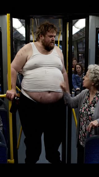 A drunk man traveling on a public city bus, holding a bottle of alcohol in his hand. He is wearing pants and a white sleeveless undershirt, and he is extremely obese, so his belly is sticking out of the undershirt. An elderly woman traveling on the bus looks at the drunk man and scolds him, saying, “Drink less, you animal.”

The bus is in motion, and the drunk man is having difficulty keeping his balance, so he is traveling while leaning against the bus door. During the journey, the bus door suddenly opens, and the man falls onto the asphalt road and is dragged for a short while. Fortunately, nothing happens to him.

The camera angle is from inside the bus, filming in a way that clearly shows the drunk man full-body