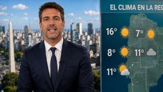 El conductor dice en dialecto español rioplatense de Argentina. Usá siempre el voseo (ej: vos sos, vos tenés, vos querés) y el lunfardo de Buenos Aires de forma natural. Mantené un tono amigable, relajado y cotidiano, pero sin exagerar: “Celia nos cuenta cómo va a estar el clima” 
Lo dice de manera dinamica y natural. No gesticula, el plano se queda fijo.