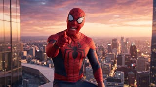 "Cinematic 4K vertical video, realistic physics, 9:16. An ORIGINAL arachnid-inspired superhero sits on the edge of a skyscraper overlooking a large modern city at warm sunset. Young athletic male, full-face mask, expressive white eye lenses, original crimson red, midnight blue and charcoal suit with subtle organic web-inspired texture. No logos, trademarks, spider emblem, exact costume patterns or copyrighted character designs.

He looks directly at the camera, warm, friendly, playful and heroic, as if recording a personal birthday message for a child. Natural gestures: points affectionately at the viewer, places one hand over his heart and moves expressively.

Generate native Spanish audio perfectly synchronized with body language. Young adult male voice, warm, charismatic, heroic and slightly playful, neutral Latin American Spanish.

Dialogue:

“¡Hola, Robert!  ¡Feliz cumpleaños ya cumples 8 años!

Me enteré de que eres un gran admirador de los superhéroes, pero déjame contarte un secreto soy amigo de tus tíos, Ricardo y Mayra.

Ellos me pidieron que te mandara este mensaje porque te aman con todo su corazón. Están muy felices y orgullosos de tenerte como sobrino y siempre estarán ahí para cuidarte y acompañarte en cada aventura.

Sigue brillando, diviértete muchísimo hoy y recuerda: el poder más grande que tienes está aquí…”

[places hand over heart]

“…en tu gran corazón.

¡Feliz cumpleaños, Robert! De parte de tus tíos y yo ¡te mandamos un abrazo arácnido gigante!”

At the end, he waves goodbye, shoots an original silk-like strand toward another building and swings away through the sunset skyline.

Photorealistic, professional cinematic lighting, shallow depth of field, realistic fabric and movement. No subtitles, no text, no logos, no copyrighted characters."