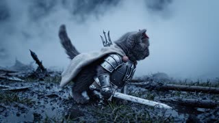 Use the reference image as the exact main character: tiny grey kitten, round fluffy face, huge dark eyes, small pink bow, polished silver medieval armor with an engraved Ukrainian trident (tryzub) on the chest plate, short pale cape, realistic kitten proportions. Keep face, fur, armor, trident, bow and size identical throughout.

12-second photorealistic cinematic medieval fantasy.

0-3s: Low tracking shot in front of the kitten walking through a misty battlefield at dusk, wet grass, mud, broken spears, cape in the wind. The engraved trident on his chest glints in cold light. Determined look.

3-5s: Side low angle. The kitten stops, looks into the fog, draws his sword in one clean motion and raises it. Slow push-in.

5-8s: Hard cut to a wide shot across the field: a huge orc army marches out of the fog toward camera, brutish green-grey warriors in crude black iron armor with axes, spears, torches and tattered banners. The ground shakes.

8-12s: Cut back to the kitten, sword raised, facing the orcs. Camera trucks sideways and pulls back, revealing long ordered rows of similar realistic cat knights (grey, silver, tabby) beside him, all in silver armor with the same engraved trident, holding swords, spears and shields under blue and yellow pennants. They raise weapons together. The pink-bowed kitten stands in front as leader. Camera rises slightly, ending on the epic standoff between the cat army and the distant orc horde.

Style: ultra photorealistic dark fantasy, live-action film look, realistic fur and metal, crisp trident engravings, volumetric fog, cold blue-grey dusk, warm orange torchlight on the orc side, wet reflections, dramatic scale.

Only the main kitten wears a pink bow. No cartoon look, no human bodies on cats, no deformed paws or extra limbs, no text, no subtitles, no logos except the trident, no music.