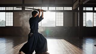 ultra realistic, hyperrealistic, cinematic lighting, 8k, HDR, film grain, volumetric lighting, dramatic shadows, realistic skin texture, motion blur, depth of field, anamorphic lens, epic cinematic tone.                                                                                                                                                                                      young samurai training in dojo, repetitive sword practice
camera: side tracking.