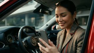 A slow-motion scene with the woman smiling while looking at her cell phone, then she looks up and it's a sublime scene of hope, very fashionable.