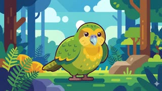 "A smooth left-to-right camera pan reveals an adorable, plump kakapo leaping gracefully down and landing softly on the mossy forest floor. It looks around with curiosity, tilting its head in short, playful motions. The background trees and lush foliage sway gently in a light breeze, with soft dappled sunlight filtering through the canopy. Suddenly, something off-screen to the left captures its attention (not shown). The kakapo quickly turns its head toward the sound, pauses briefly, then hops forward excitedly and bounds out of the frame. The entire scene maintains a consistent illustrated art style with a natural, earthy color palette, shallow depth of field, and warm ambient forest lighting."