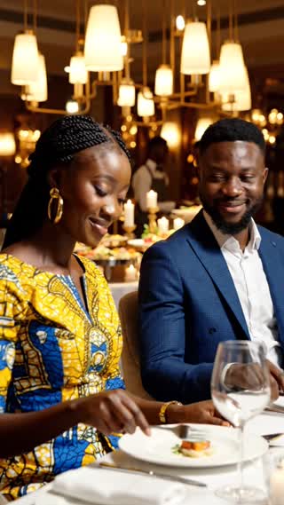 Plan serré au ralenti dans un restaurant chic de Yaoundé, le soir. Un couple camerounais élégant, la trentaine, est assis à une table nappée de blanc devant un grand buffet éclairé en arrière-plan. La femme, robe en wax moderne et boucles dorées, pose sa fourchette, regarde l'homme puis se tourne légèrement vers la caméra avec un sourire complice. Lumière chaude de lampes suspendues, bokeh de bougies, serveurs flous en arrière-plan. Format vertical 9:16, cinématographique, photoréaliste, caméra qui avance doucement vers son visage.
Audio : brouhaha feutré du restaurant, tintement de couverts, jazz africain discret. La femme dit : On a juste réservé sur Kazi, pour mériter ce beau buffet. L'homme rit doucement.