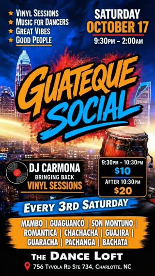 transition to a turntable playing a vinyl with the Charlotte's skyline in the back in the night following the colors of the flyer