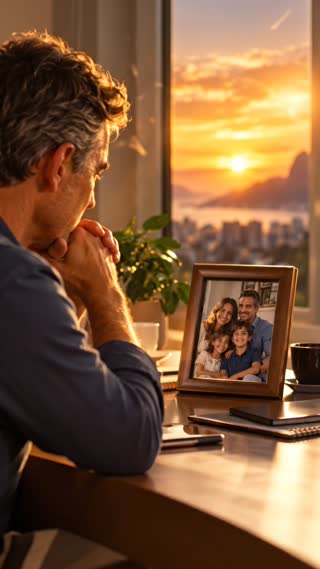 Crie um vídeo cinematográfico e realista de 5 segundos, no formato vertical 9:16, utilizando a imagem fornecida como referência.

Um pai está sentado em seu escritório, observando com carinho uma fotografia de sua esposa e seus filhos.

Ele faz um movimento muito suave com a cabeça, demonstrando reflexão, amor e responsabilidade pela família.

A câmera se aproxima lentamente da fotografia sobre a mesa, mantendo o pai parcialmente visível.

A iluminação do pôr do sol permanece suave e acolhedora.

Preserve os personagens, a fotografia, os objetos e o cenário original. Não altere os rostos das pessoas que aparecem na fotografia.

O movimento deve ser natural, delicado e cinematográfico.

O vídeo deve ser completamente silencioso.

Não colocar vozes, não colocar música, não colocar efeitos sonoros, não colocar legendas, não colocar textos na tela e não colocar logotipos.