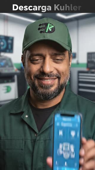 Un smartphone elegante y moderno flota en el centro del encuadre dentro de un garaje automotriz suavemente iluminado; su pantalla brilla con la interfaz limpia de una aplicación de diagnóstico que muestra iconos de motor e indicadores de salud vehicular. Un joven conductor seguro de sí mismo, vestido con ropa urbana casual, se recuesta contra un auto pulido, mirando el teléfono con una sonrisa aliviada y de tranquilidad.
​La cámara avanza lentamente (dolly) hacia la pantalla del teléfono con una profundidad de campo reducida, luego cambia el enfoque hacia el compartimiento del motor del auto, mientras gráficos de diagnóstico estilo holográfico se animan sobre él: los códigos de falla se resuelven transformándose en marcas de verificación verdes. Una cálida luz de atardecer entra a raudales por las ventanas del garaje, mezclándose con el resplandor azul y frío de la pantalla para lograr un ambiente de alta tecnología pero accesible.
​Estilo comercial cinematográfico, nítida resolución 4K, suaves acentos en cámara lenta, gradación de color profesional. Audio: zumbido ambiental suave de garaje, sutiles campanadas de interfaz (UI), base musical electrónica moderna y optimista.
​Golpe final: el conductor guarda el teléfono en el bolsillo, da un visto bueno con el pulgar hacia arriba (thumbs-up) y se marcha conduciendo. Se reserva un espacio negativo limpio en la parte superior del encuadre para superponer el texto que dice "Descarga Kuhler". La toma de cierre se mantiene en el auto que se aleja, invitando a los espectadores a seguir para más consejos.