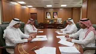 أكيد، هذه الترجمة الإنجليزية بصياغة احترافية مناسبة لمنصة VO3:

**"Photorealistic 4K cinematic video. The shot begins with an extreme close-up focused on the administrative desk containing the PC shown in the reference image, highlighting the surface details with high precision. The indoor lighting is soft and natural, creating a calm and realistic atmosphere. The camera moves slowly with a subtle slow zoom in, emphasizing fine details. It then transitions into a smooth dolly out movement, gradually revealing that the desk is part of a larger conference table inside a modern meeting room. The camera continues pulling back seamlessly, then rises gradually in a vertical crane up movement to reveal the full conference table with evenly arranged chairs, creating a sense of spaciousness, luxury, and realism. The camera motion is extremely smooth with no shakes or cuts, featuring natural cinematic transitions and soft realistic lighting."**
