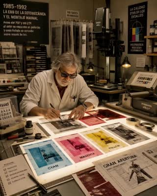 Historical documentary shot inside a professional photomechanical and manual paste-up studio from 1985-1992. The entire workspace is the subject, not the operator. Keep the process camera, the Kelly waxing machine, the instruction sheet, hanging films, light table and all prepress equipment visible at all times. Only a subtle camera movement is allowed. No cropping, no reframing, no zooming, no object creation, no object removal. Preserve the exact composition of the original image.
Camera movement less than 5%.